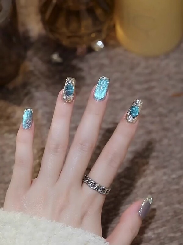 Purely Handmade Wearable Nails, Blue Mermaid Mirror Surface, Crushed Diamond Cat's Eye, Buccellati Meillard High-End Fake Nails