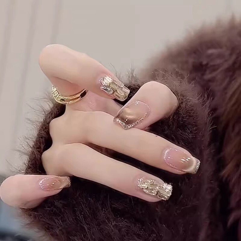 Handmade French-Style Melard Cat-Eye Glitter Nail Art with a High-End Feel, Brightening Effect, Finished Nail Patches, Removable