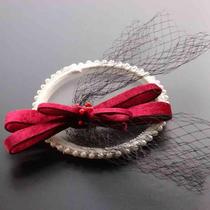(Bridal red bow hairpin hair accessories photo studio photo tiara dinner party retro mesh hairpin stage)