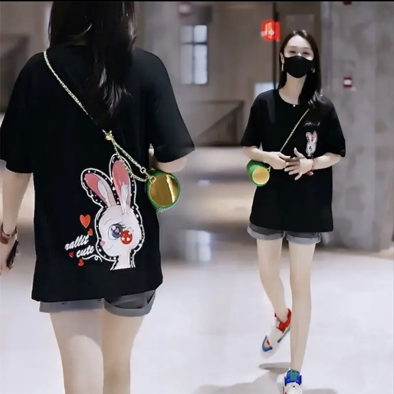 [High Quality] Fat mm's Pure Cotton Round-Neck Short-Sleeved T-Shirt That Covers the Body and Makes You Look Slimmer, Summer Casual and Versatile Printed Short-Sleeved Shirt