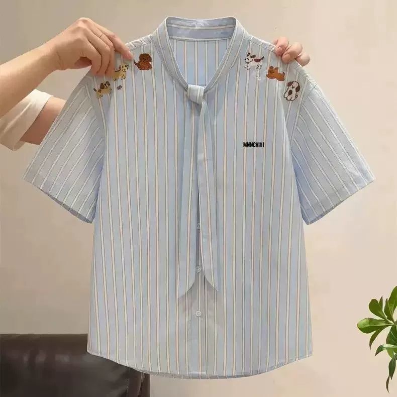 Extra Large Size 150kg Japanese-Style Embroidered Striped Tie Shirt for Women, Designer Niche Trendy Brand Couple Shirt