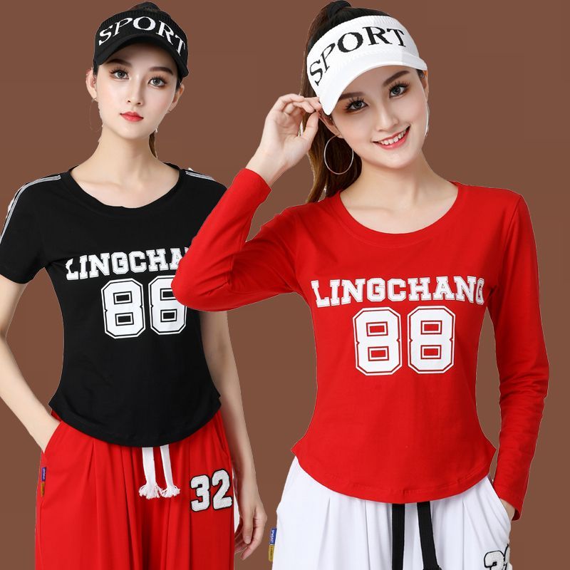 Square dance dress Yang Liping Summer new red blouses woman long short sleeve single piece pure cotton T-shirt half sleeve dancing-Taobao