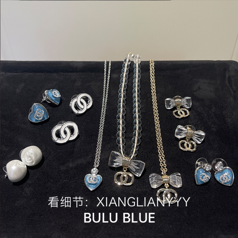 Blue New 25P Blue Heart Earrings Necklace Transparent Bow Acrylic 25S White Stud Earrings White