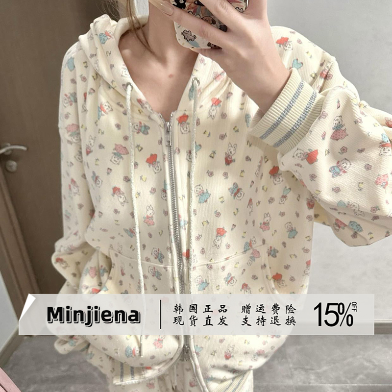 South Korea's Seoul Minjiena Cute Rabbit Lace Hooded Fleece Sweatshirt Jacket Long Pants Hooded Scarf Set