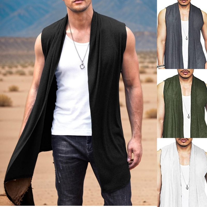 Men's Tops European and American Casual Mid-Length Sleeve Shawl Vest Men's Sleeveless Cardigan Cut-Out Shoulder Vest Cape Top