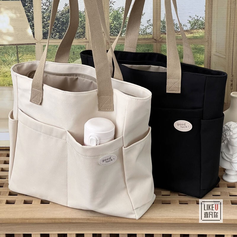 Japanese Original Design Zippered Commuter Thick Canvas Tote Bag Casual Artistic School Bag