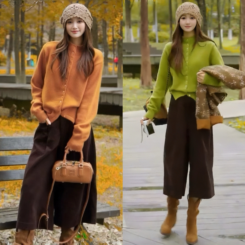 Early Spring Ootd Outfit: a Complete Set of Korean-Style Fashion, Age-Reducing and Elegant Knitted Sweater Cardigan and Straight-Leg Cropped Pants Set