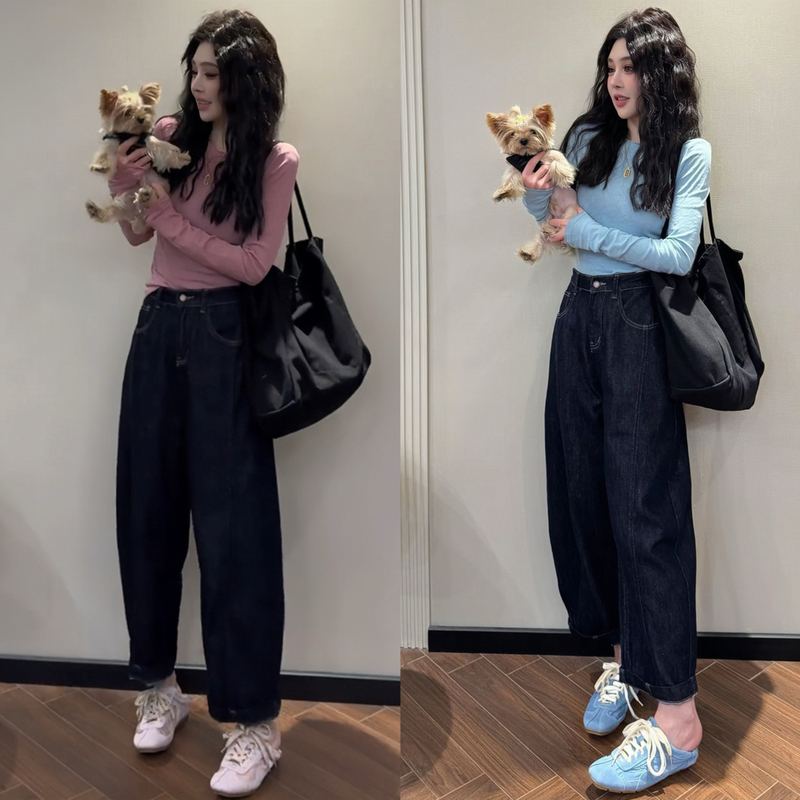 Early Autumn Outfit: a Complete Set of Korean-Style High-End Fashion, Age-Reducing, Solid-Color Round-Neck Long-Sleeved T-Shirt and Jeans Two-Piece Set Early Autumn Outfit: a Complete Set of Korean-Style High-End Fashion, Age-Reducing, Solid-Color Round-Neck Long-Sleeved T-Shirt and Jeans Two-Piece Set