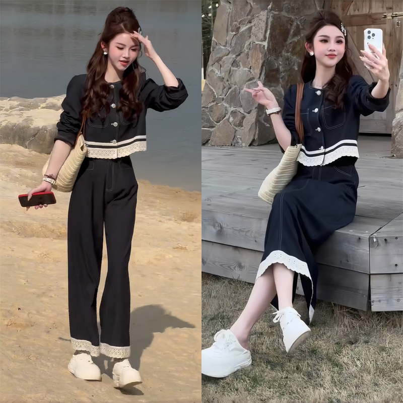 Tweed Style Suit 2026 New Popular Lace-Trimmed Jacket and Wide-Leg Pants Two-Piece Set for Early Spring Outfit