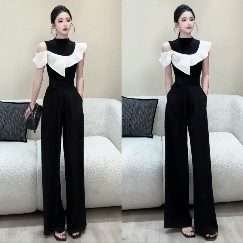 Trendy and Stylish Mature Woman Summer Age-Reducing Outfit Korean Style High-End Elegant Color-Blocking Off-Shoulder T-Shirt and Wide-Leg Pants Two-Piece Set Trendy and Stylish Mature Woman Summer Age-Reducing Outfit Korean Style High-End Elegant Color-Blocking Off-Shoulder T-Shirt and Wide-Leg Pants Two-Piece Set