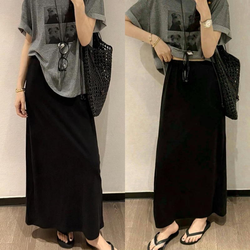 French Style, Simple and Elegant Elastic Waist Draped Skirt for Women, Summer 2026 New Style, Back Slit, Slimming Black Long Skirt