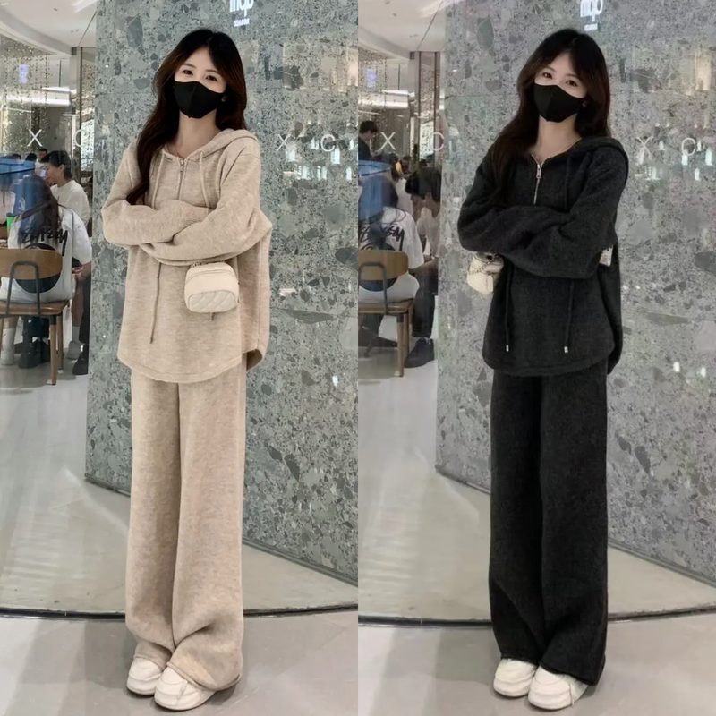 A Complete Set of Early Spring Outfits 2026 New Hooded Sweater and Wide-Leg Pants Two-Piece Set for Petite Fashionistas, Stylish Knit Suit
