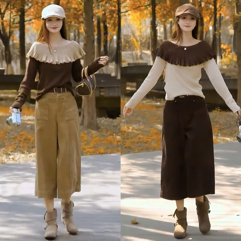 Autumn Outfit: a Complete Set of Korean-Style High-End and Elegant One-Shoulder Pleated Long-Sleeved Knitwear and Cropped Pants Set Autumn Outfit: a Complete Set of Korean-Style High-End and Elegant One-Shoulder Pleated Long-Sleeved Knitwear and Cropped Pants Set