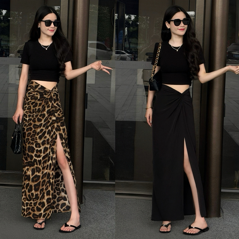 French-Style High-End Pleated Side-Slit Leopard Print Skirt for Women, Summer Irregular High-Waisted Slimming Chiffon Wrap Skirt