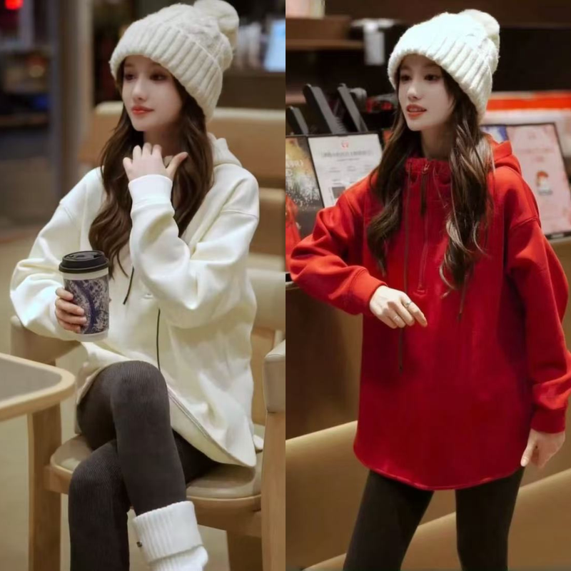 European Fashion Red Hooded Fleece Sweatshirt for Women, Spring and Autumn, Mid-Length, Loose-Fitting, Long-Sleeved Hoodie, Base Layer Top