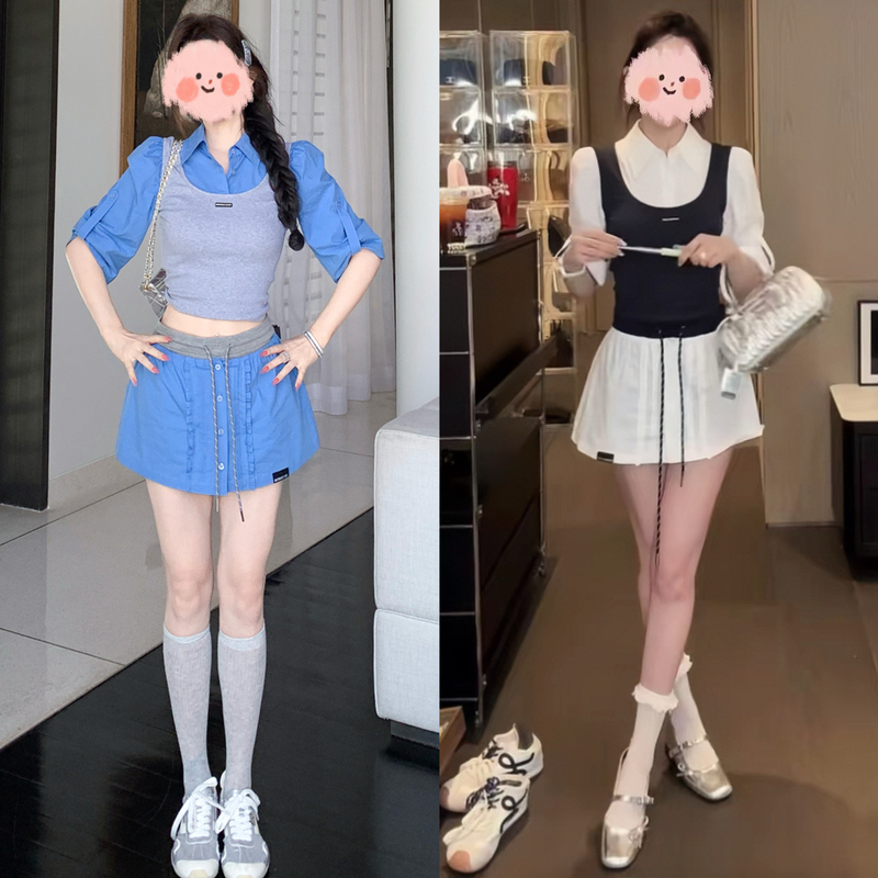 Super Stylish Summer Two-Piece Set, Korean-Style Sweet and Fashionable Fake Two-Piece Top and Skirt, Cool and Chic Outfit for Women