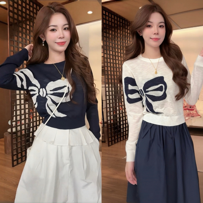Korean-Style Design Bow Jacquard Round Neck Long-Sleeved Knitwear for Women, Early Autumn Fashionable and Age-Reducing Bottoming Top Korean-Style Design Bow Jacquard Round Neck Long-Sleeved Knitwear for Women, Early Autumn Fashionable and Age-Reducing Bottoming Top