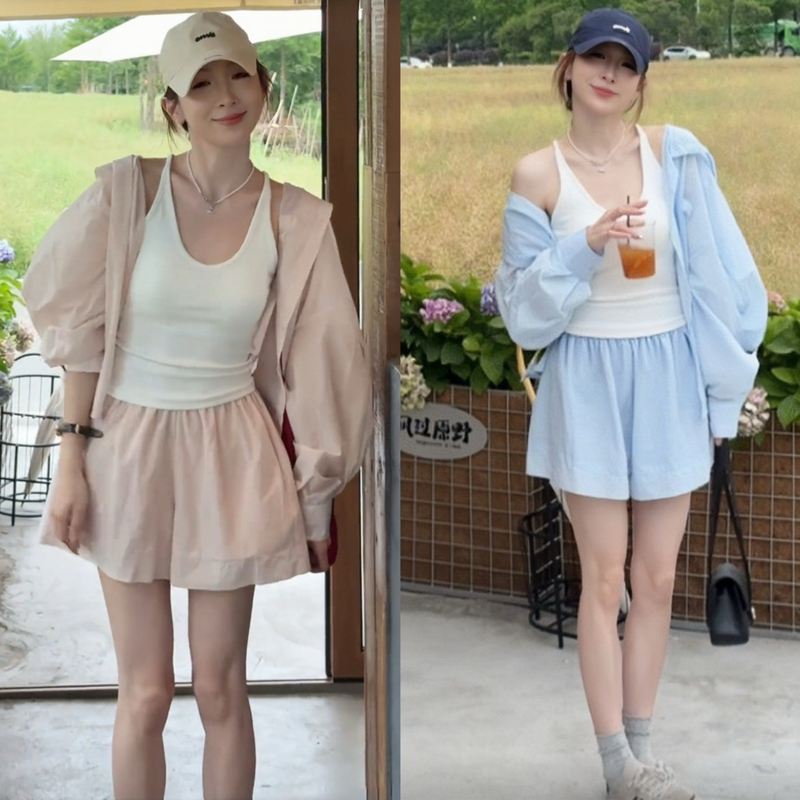 2026 Super Popular Summer Outfit, a Complete Set of Korean-Style Relaxed and Lazy Fashion, Loose Sun-Protective Hooded Jacket and Shorts Set 2026 Super Popular Summer Outfit, a Complete Set of Korean-Style Relaxed and Lazy Fashion, Loose Sun-Protective Hooded Jacket and Shorts Set