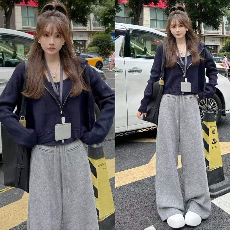 Early Spring Ootd Outfit Set, Korean Fashion, Age-Reducing Hooded Knitted Sweater Cardigan, Casual Wide-Leg Pants Two-Piece Set