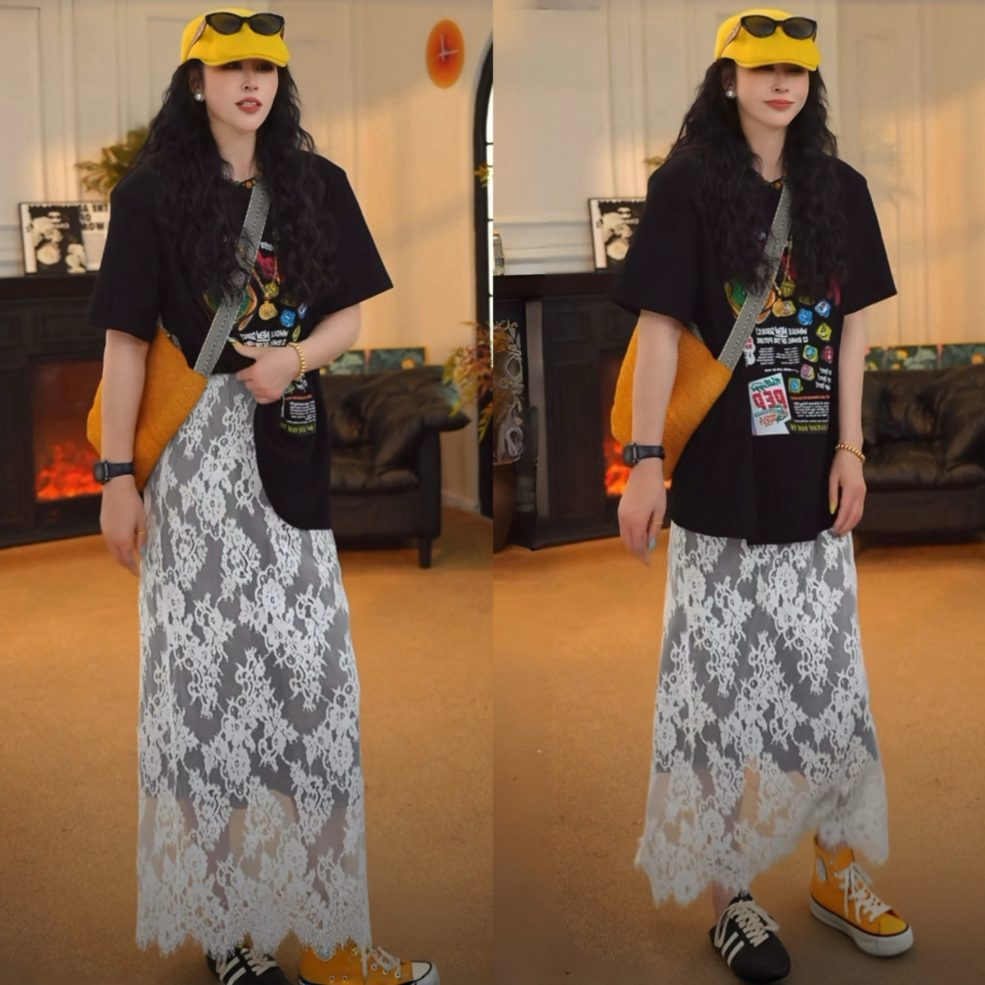 夏天穿搭一整套2026新款韩系慵懒风时尚印花短袖T恤蕾丝半裙套装