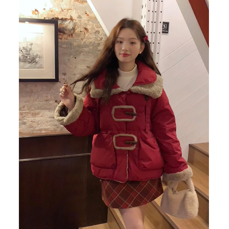 Winter Christmas Retro Reversible Jacket New Year's Coat down Cotton Jacket Lamb Wool Splicing White Duck down Warm and Thickened
