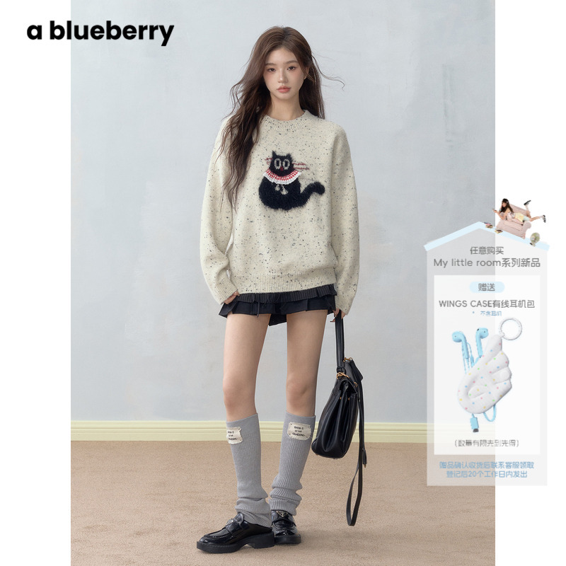 Ablueberry & Lazy Cute Jacquard Cat Fleece-Lined Thick Sweater for Women Autumn and Winter Korean Style Wool Sweater
