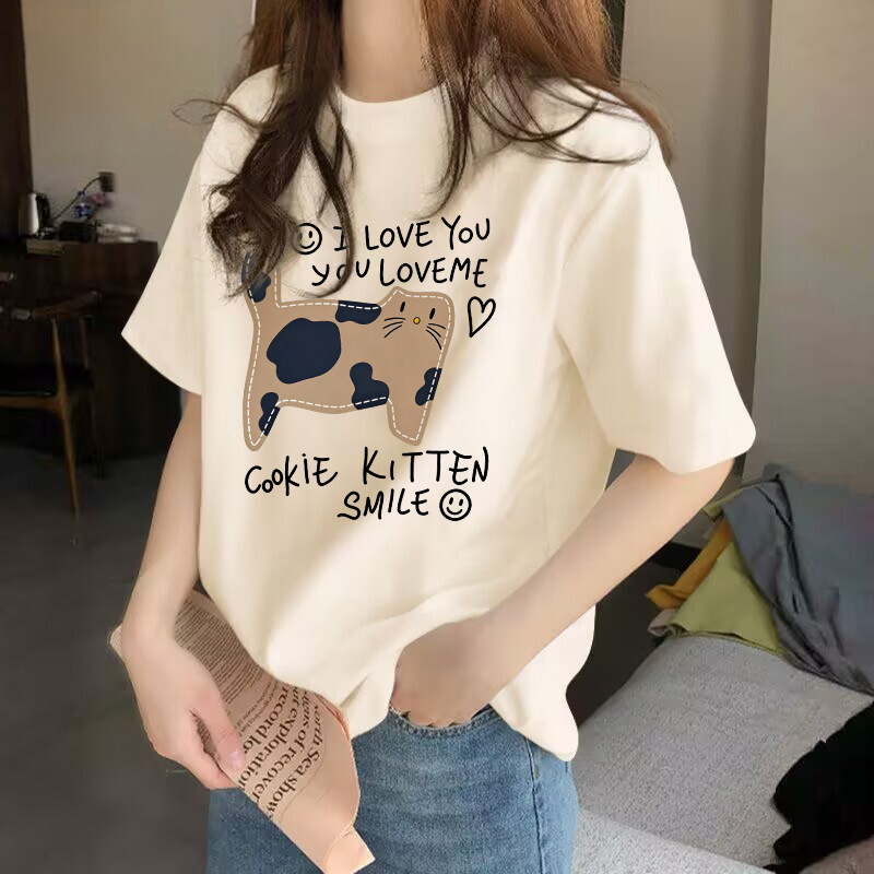 白色短袖t恤卡通小猫2026新款爆款100%纯棉时尚百搭宽松半袖体恤