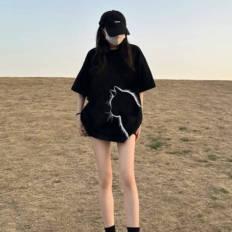 Cat Short-Sleeve T-Shirt for Women, Summer Pure Cotton 2026 New Popular Style, Loose and Slimming Top, Niche Design T-Shirt