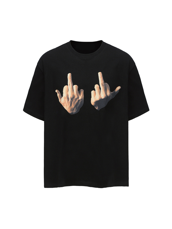 Alrway Middle Finger T-Shirt Short Sleeve Women's Summer Style American Street Fashion Loose Fit Finger Print Couple Base Shirt Men