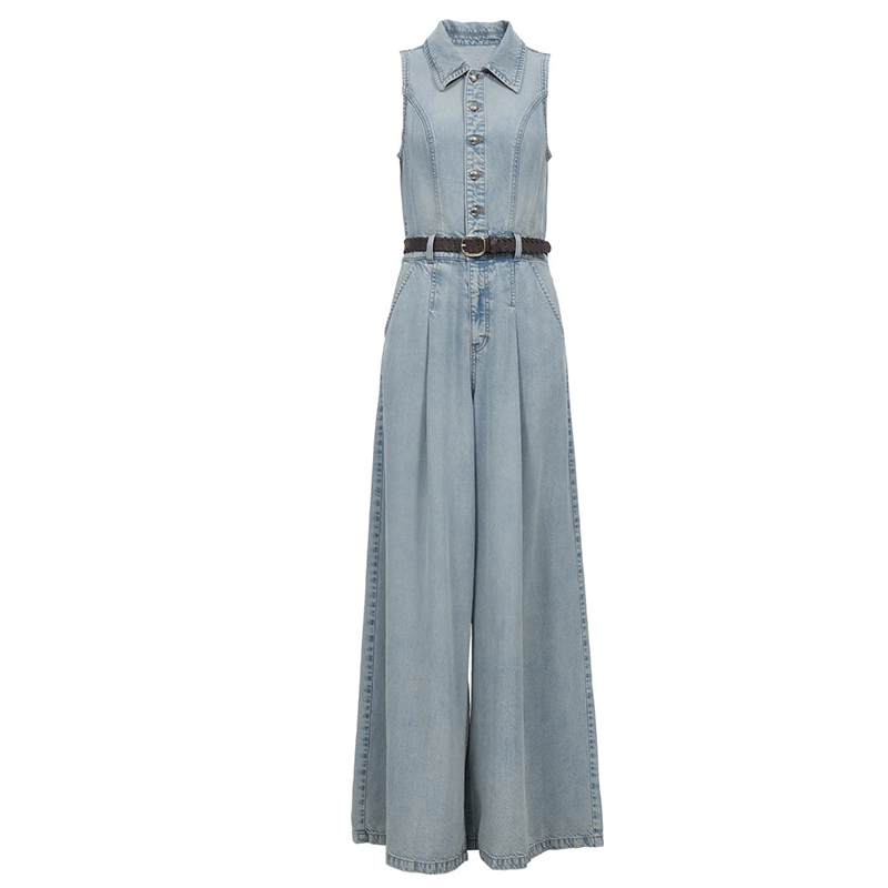 Summer New Style Tencel Sleeveless Lapel Waist-Cinching Jumpsuit Wide-Leg Pants Denim Overalls for Women
