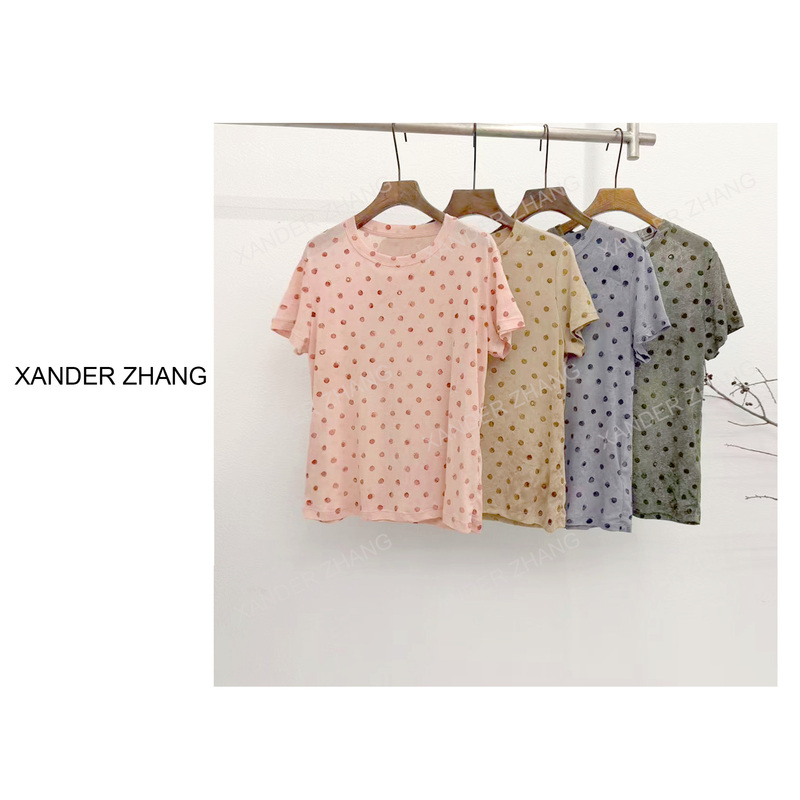 High-End Morandi Color Flocked Polka Dot Age-Reducing Knitted T-Shirt Ybt1K131, Super Slimming and Versatile