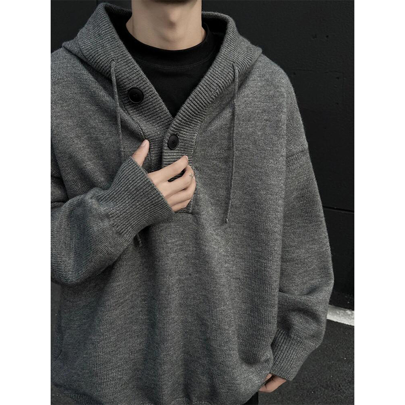 Gray American Retro Hooded Knit Sweater for Men, Winter Thickened Lazy Style Sweater, Heavy-Duty Inner Layer Sweatshirt Jacket