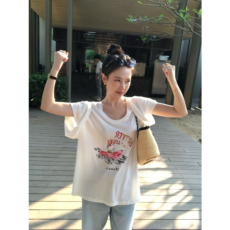 Isaro Uu Soft and Comfortable Linen-Cotton T-Shirt~Funny Cat Print Loose-Fitting Short-Sleeved T-Shirt