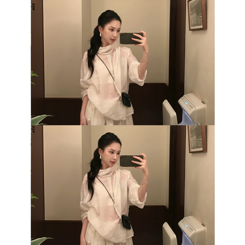 Isaro Uu Private Label Free-Flowing Tie-Up Soft Pure Cotton Shirt~ Slightly Sheer with a Flowy Vibe, Autumn Inner Layer Shirt