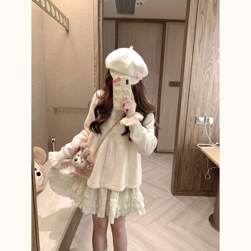 Kunmi Puff White Peach Shufu Light Pink Age-Reducing Girl Sweater Women's Autumn Lace Knitted Cardigan Top Kunmi Puff White Peach Shufu Light Pink Age-Reducing Girl Sweater Women's Autumn Lace Knitted Cardigan Top