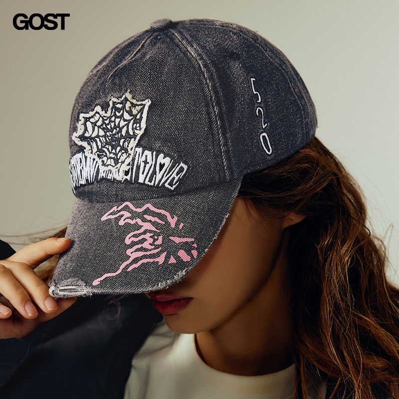 Gost 23Aw Washed Vintage Distressed Hand-Painted Spider Web Heart Baseball Cap Couple Men's American Retro Style