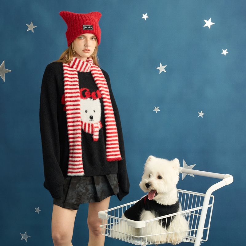 【Double Holiday Limited Edition】Gost New Year Striped Scarf West Highland Dog Reminds You to Keep Warm Pullover Sweater
