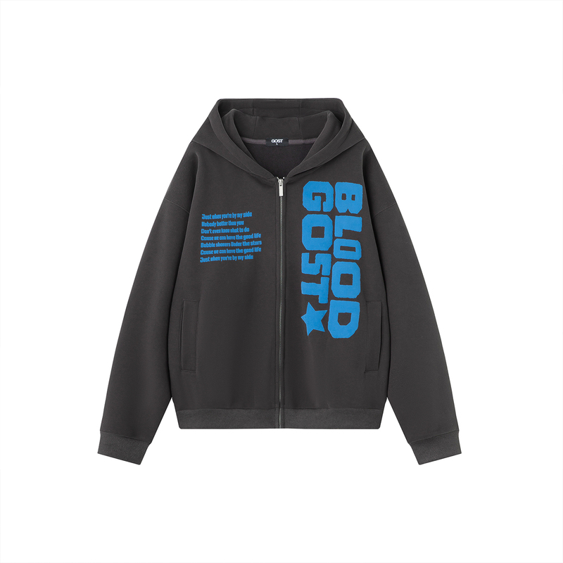 Gost Color-Blocked Foam Letter Cardigan Hooded Sweatshirt Jacket