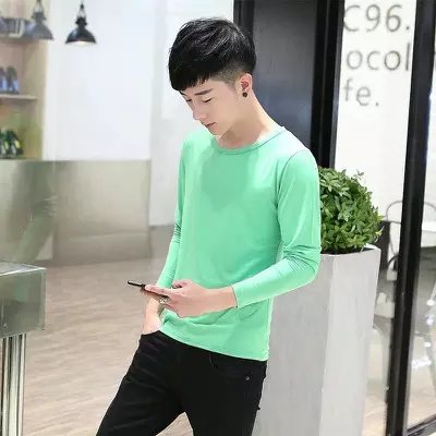 Phương thức mỏng nam dài tay t- shirt bông vòng cổ mỏng đáy áo màu rắn thanh niên mùa thu quần áo t- áo sơ mi thủy triều