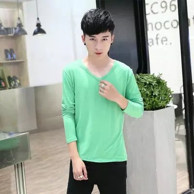 Phương thức mỏng nam dài tay t- shirt bông vòng cổ mỏng đáy áo màu rắn thanh niên mùa thu quần áo t- áo sơ mi thủy triều