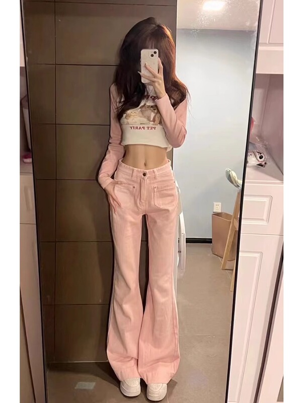Pink American High Street Retro Stretchy Flared Jeans for Women, Spring and Autumn, Loose High-Waisted Slimming Bell-Bottom Floor-Length Pants