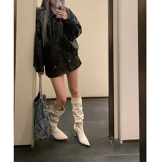 羊皮版~辣妹尖头骑士长筒靴瘦瘦靴褶皱细跟不过膝长靴女高筒靴