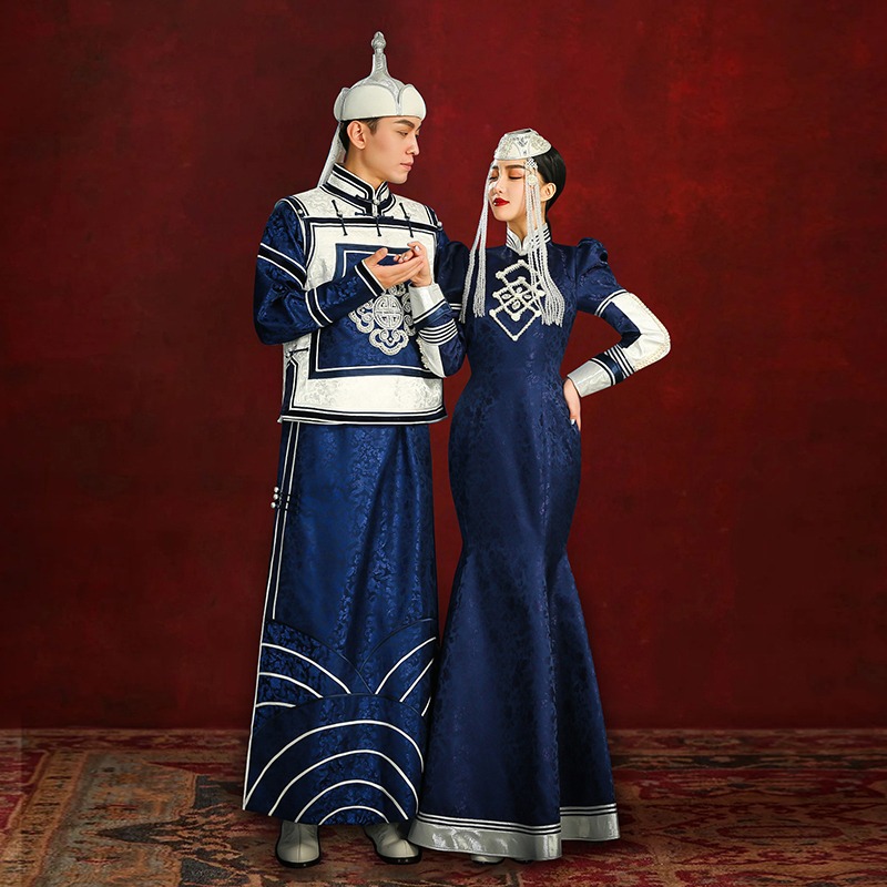 Couple's Mongolian Navy Blue Robe, Bride's Toast Dress, Fishtail Skirt, Ethnic Minority Style Dance Performance Costume Couple's Mongolian Navy Blue Robe, Bride's Toast Dress, Fishtail Skirt, Ethnic Minority Style Dance Performance Costume