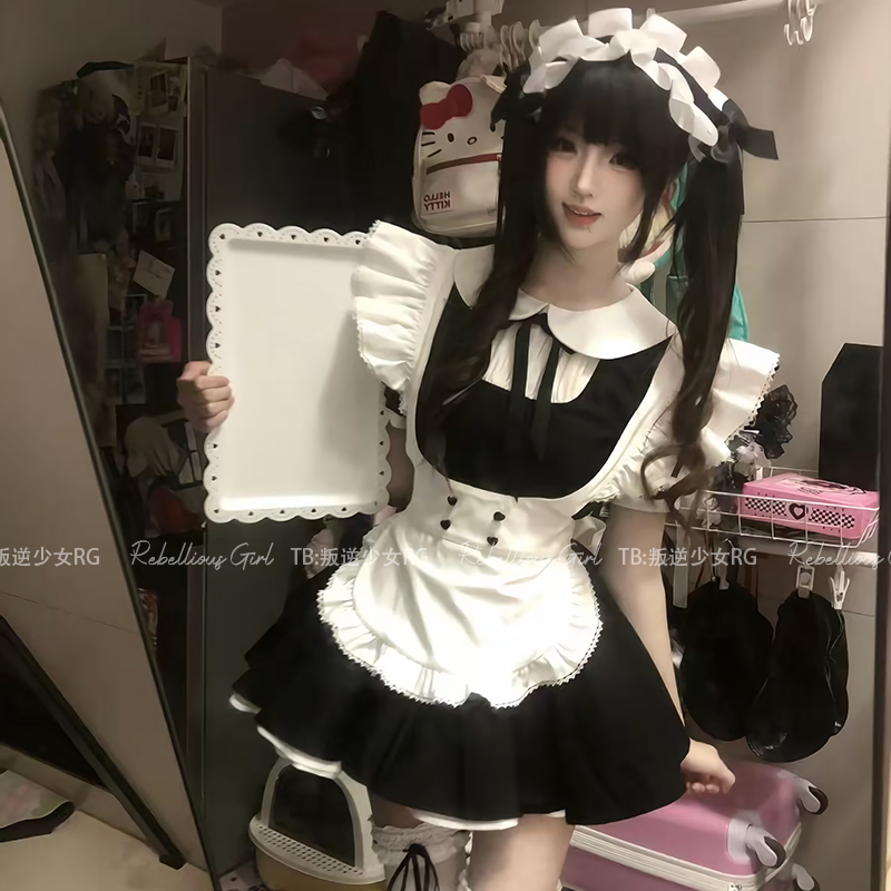 Doll Adventure* Japanese Retro Cute Black and White Maid Outfit Cosplay Soft and Sweet Lolita Dog Short Dress