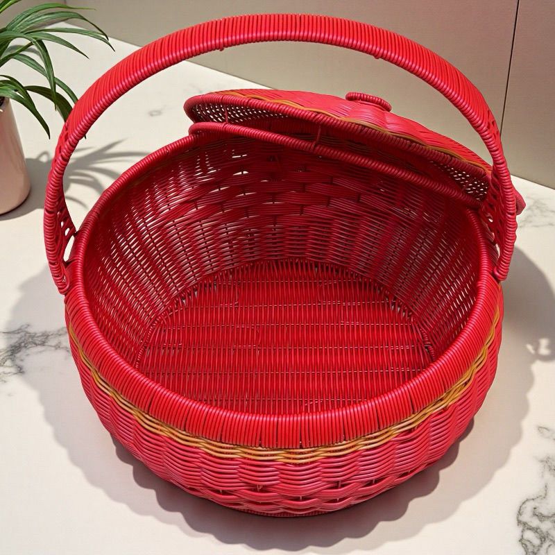 Xr02 Red Large Imitation Rattan Hand Basket Picnic Basket Wedding Gift Fruit Basket Storage Basket Thickened and Upgraded