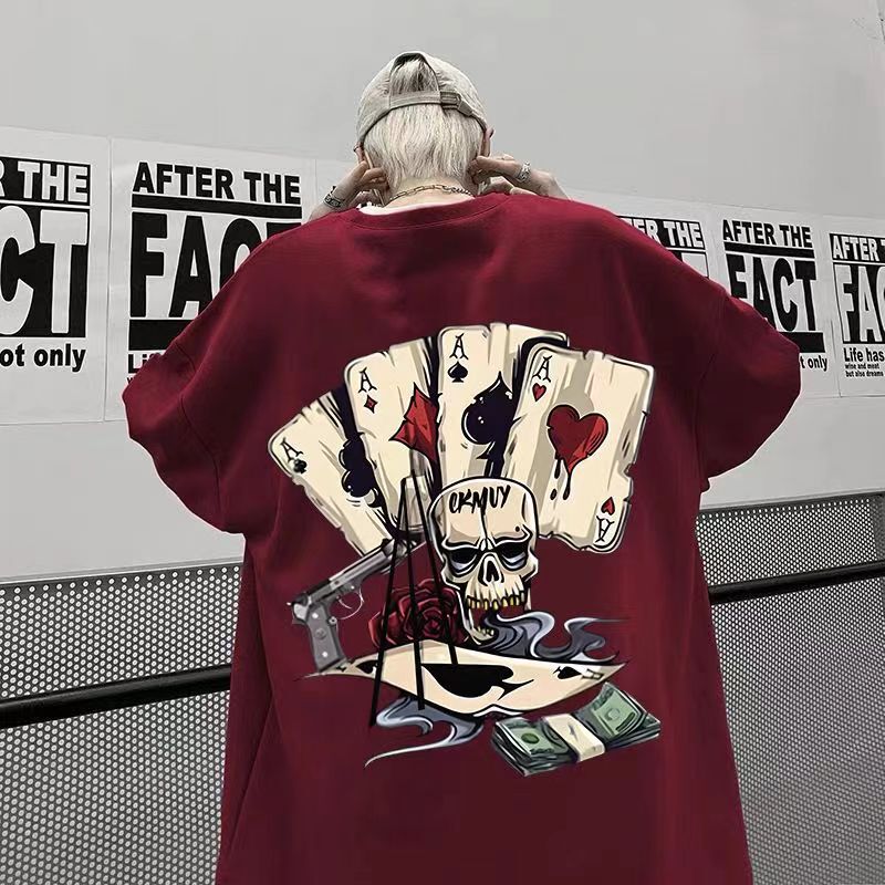 100% Pure Cotton Heavyweight Short-Sleeve T-Shirt, American Style, Unisex, Summer Loose Fit, Dark Skull 4A Student Half-Sleeve Men's Clothing K