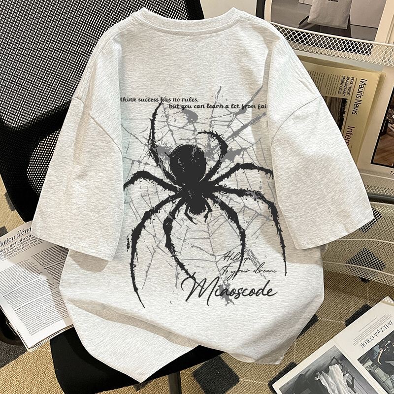 American-Style Spider Letter Print 100% Pure Cotton Short-Sleeve T-Shirt for Men, Trendy Brand, Summer Versatile Heavyweight White-Gray Top