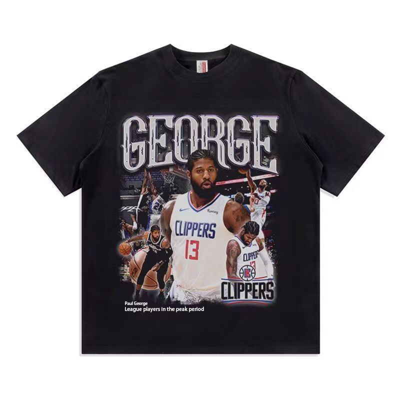 Paul George T-Shirt Short-Sleeved Loose Hip-Hop Retro Round Neck Unisex American Style Pure Cotton Couple Basketball Half-Sleeve