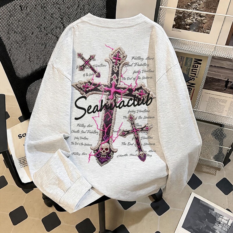 100% Pure Cotton American High Street Cross Print Long-Sleeve T-Shirt, Unisex, New Trendy Brand Loose Top ins