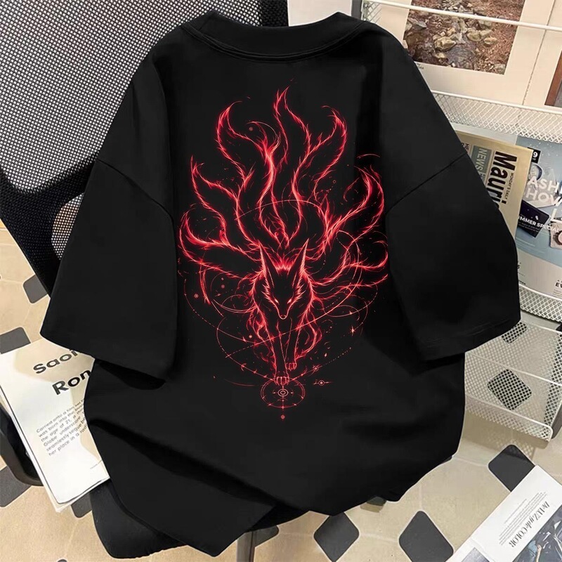 Heavyweight Pure Cotton Black T-Shirt with Chinese-Style Flame Nine-Tailed Fox Print, Unisex, ins Style, Student Party Versatile Short-Sleeve
